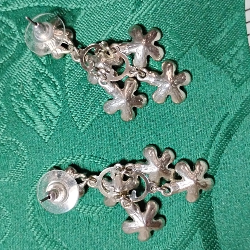 Vintage Silver Floral Dangle Earrings With Crystal Centers - Picture 9 of 9